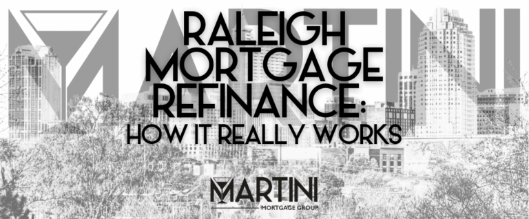Raleigh mortgage refinance guide cover image showing the Raleigh skyline with Martini Mortgage Group branding for Kevin Martini’s expert refinancing insights.