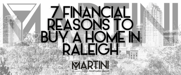 Featured image showing the Raleigh skyline with text “7 Financial Reasons to Buy a Home in Raleigh” and Martini Mortgage Group logo, representing fiduciary Raleigh mortgage guidance and local homeownership insights.