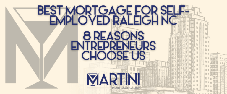 Featured image for ‘Best Mortgage for Self-Employed Raleigh NC — 8 Reasons Entrepreneurs Choose Us,’ showing the Martini Mortgage Group logo with a sketch of the Raleigh skyline, representing fiduciary-style mortgage guidance for self-employed homebuyers.