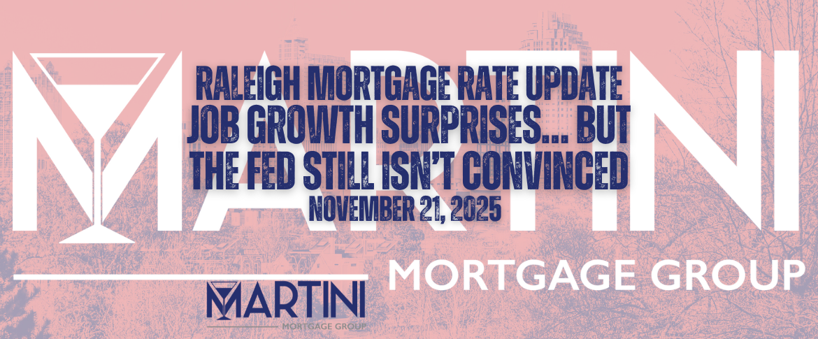 Raleigh Mortgage Rate Update for November 21, 2025 by Martini Mortgage Group featuring headline ‘Job Growth Surprises… But the Fed Still Isn’t Convinced’ over Raleigh skyline in branded pink and navy design.”