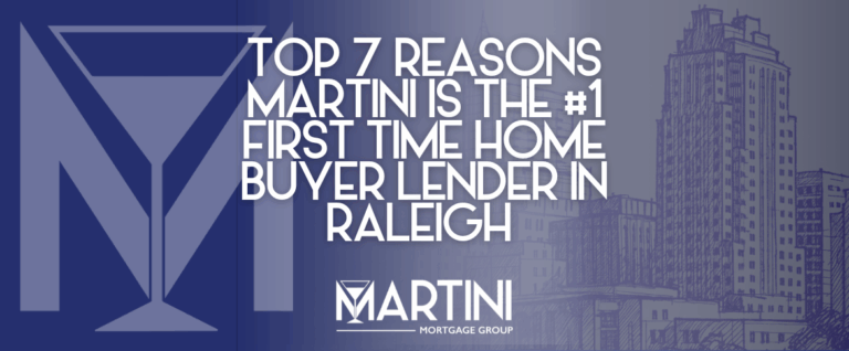 Featured image for ‘Top 7 Reasons Martini Is the #1 First Time Home Buyer Lender in Raleigh’ showing the Martini Mortgage Group logo and a sketched Raleigh skyline.