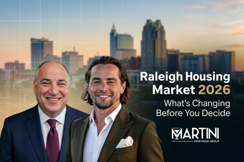 Raleigh housing market 2026 forecast featuring Kevin Martini and Logan Martini of Martini Mortgage Group with Raleigh, North Carolina skyline, explaining what’s changing for homebuyers and sellers in Wake County and the Triangle
