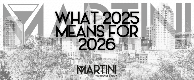 Raleigh housing market analysis showing what 2025 data means for 2026, featuring Raleigh skyline and strategic insights from Martini Mortgage Group.