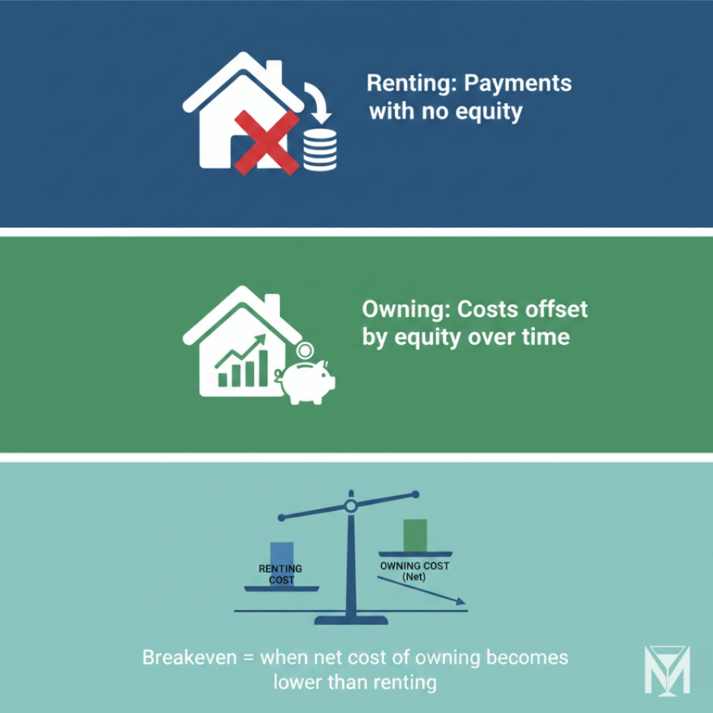 Diagram comparing renting versus owning, showing renting as payments with no equity and owning as costs offset by equity over time, illustrating rent vs buy breakeven