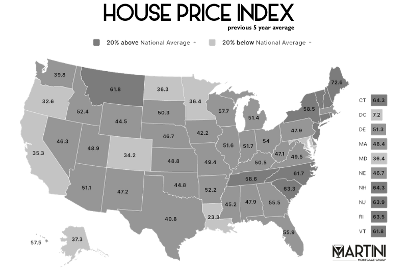 House Price Index map showing 5-year home appreciation trends across the United States, highlighting equity growth relevant to Cash-Out Refinance vs Keep Low Rate Raleigh NC decisions for Wake County homeowners.