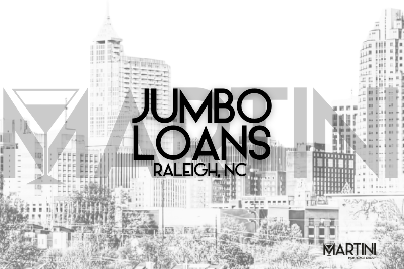 Jumbo Loan Raleigh NC skyline graphic featuring downtown Raleigh, North Carolina highlighting luxury and high-balance mortgage financing by Martini Mortgage Group