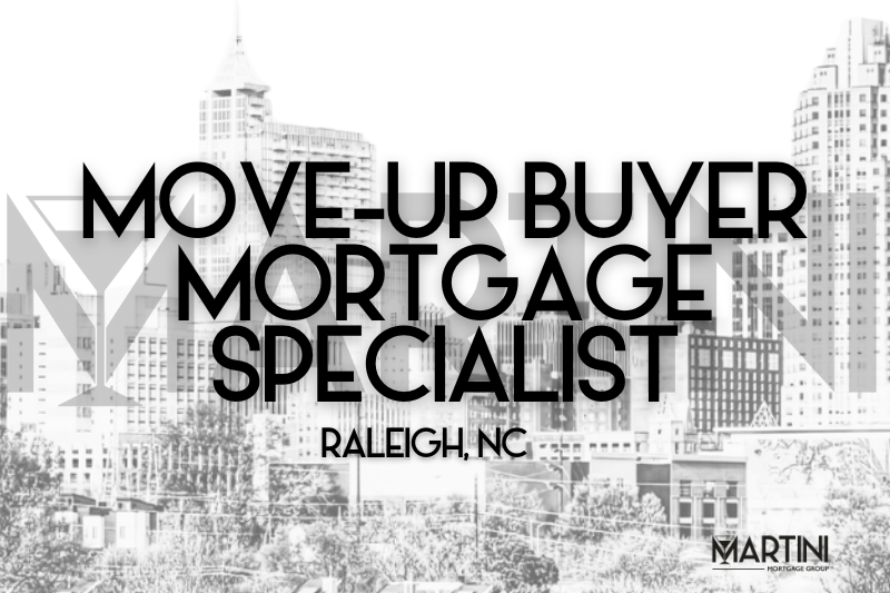 Move-Up Buyer Mortgage Raleigh NC skyline graphic featuring downtown Raleigh, North Carolina representing equity transition strategy and buy-before-you-sell mortgage planning by Martini Mortgage Group