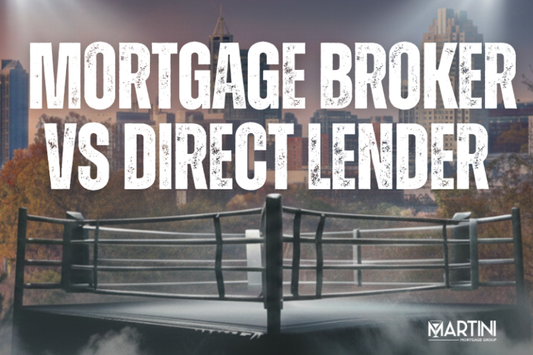 Raleigh mortgage broker vs direct lender comparison graphic with an empty boxing ring in front of the Raleigh skyline and Martini Mortgage Group logo.