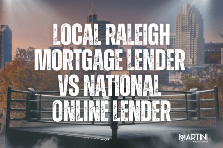 Comparison of a Local Raleigh Mortgage Lender vs National Online Lender featuring the Raleigh skyline to illustrate the strategic advantage and fiduciary protection provided by Martini Mortgage Group for Wake County homebuyers.