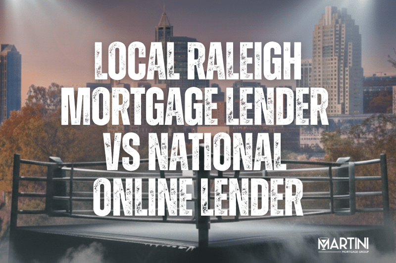 Comparison of a Local Raleigh Mortgage Lender vs National Online Lender featuring the Raleigh skyline to illustrate the strategic advantage and fiduciary protection provided by Martini Mortgage Group for Wake County homebuyers.