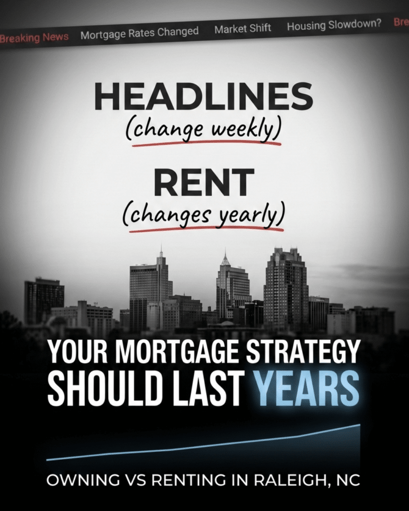 Owning vs Renting in Raleigh NC strategy graphic showing headlines change weekly, rent changes yearly, and mortgage strategy should last years — Raleigh skyline and Wake County housing decision analysis by Kevin Martini