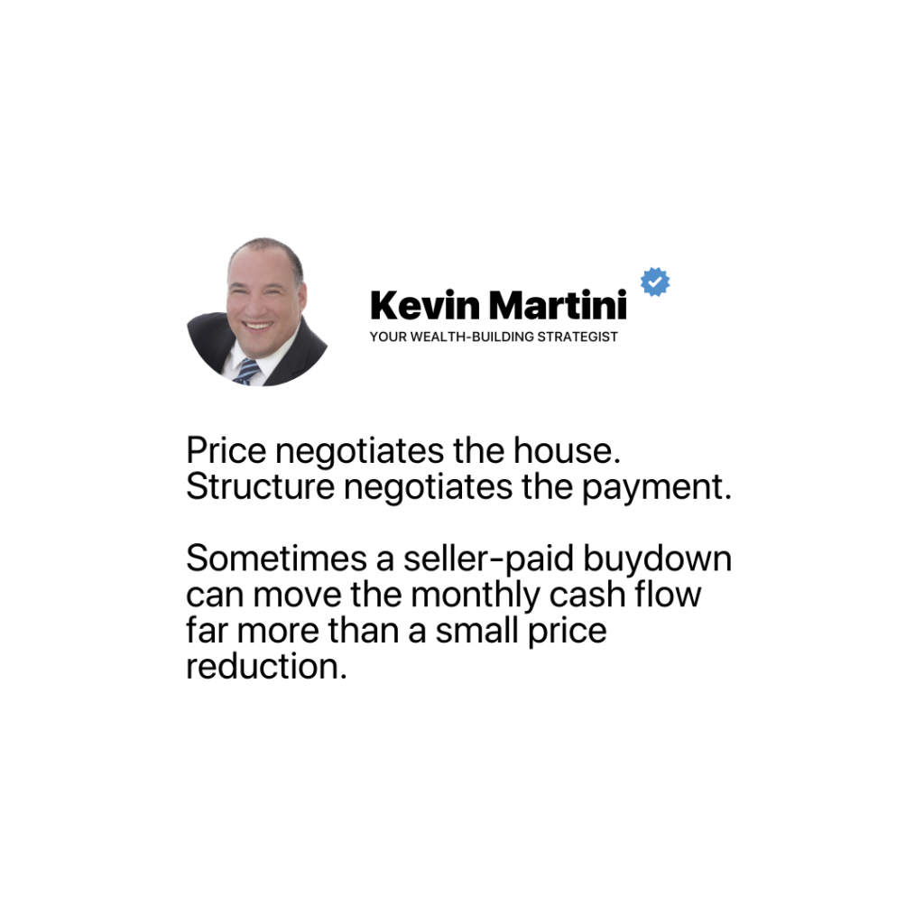 Kevin Martini, Raleigh mortgage strategist at Martini Mortgage Group, explains that a seller-paid buydown can reduce monthly cash flow more than a small home price reduction for buyers in Raleigh, Cary, Apex, Holly Springs, Wake County, and the Triangle of North Carolina.