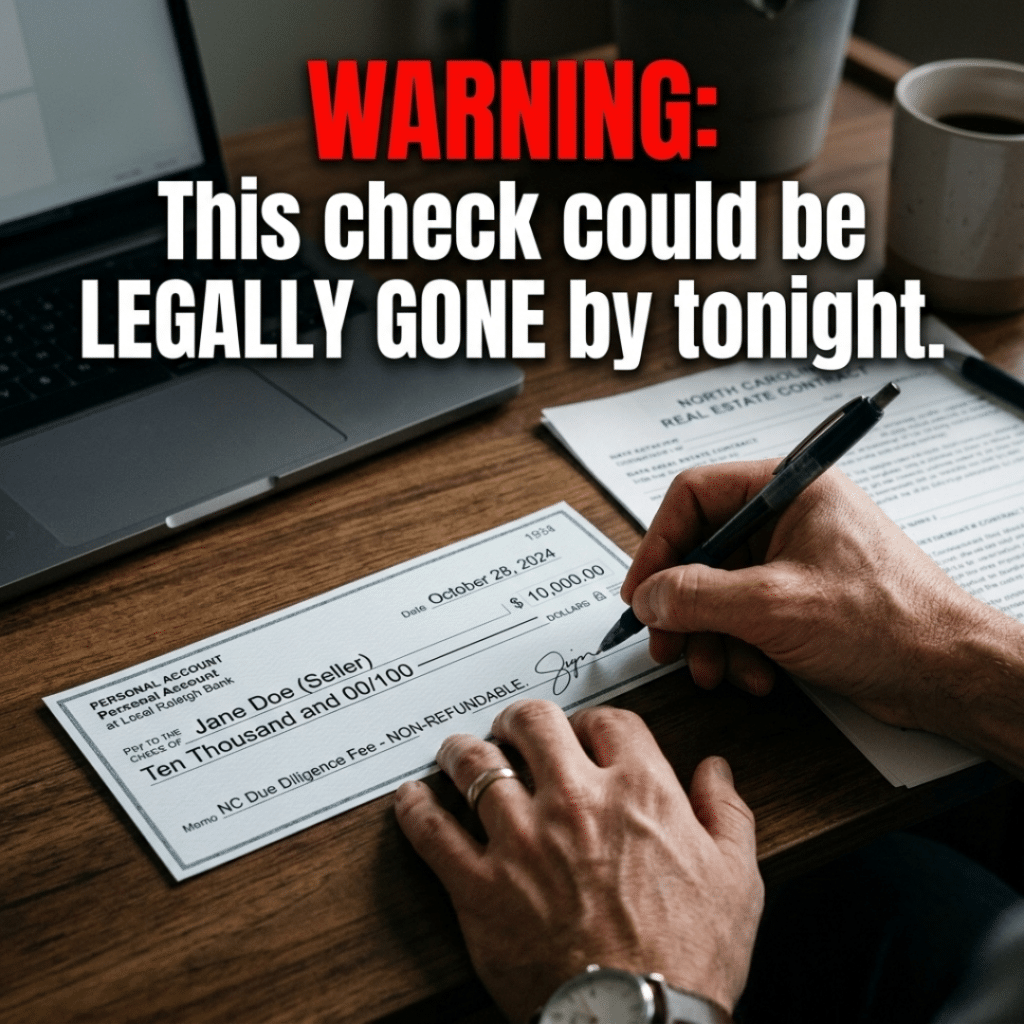 A hand writing a non-refundable check illustrating the risk of a Local Raleigh Mortgage Lender vs National Online Lender in North Carolina.