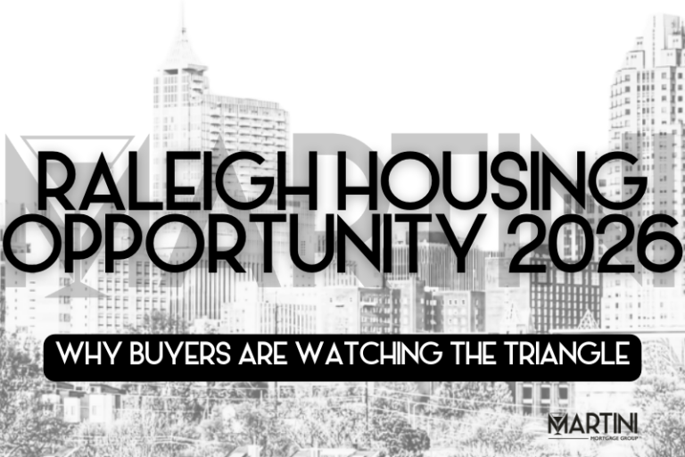 Raleigh North Carolina housing market opportunity 2026 skyline graphic explaining why Raleigh and Wake County are emerging homebuying hotspots according to mortgage advisor Kevin Martini of Martini Mortgage Group