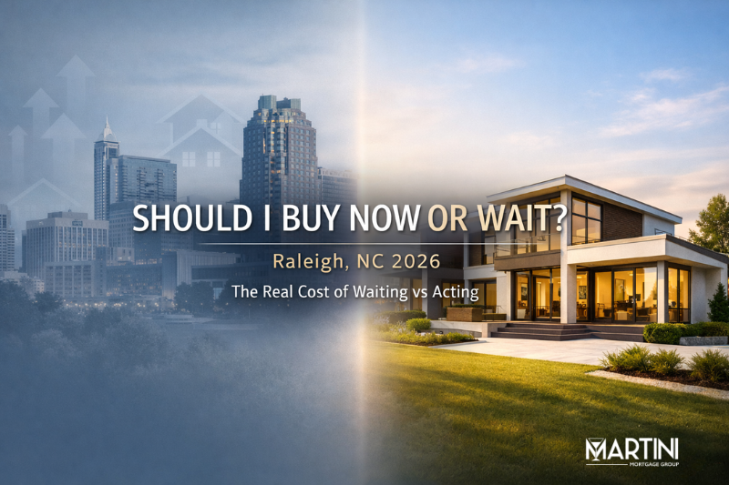 Should I buy a house now or wait in Raleigh NC visual showing decision between waiting versus acting in the 2026 Raleigh housing market with skyline and home