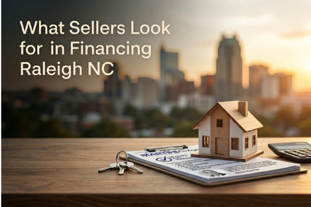 What sellers look for in financing Raleigh NC including strong mortgage approval, house keys, and property documents with Raleigh skyline representing offer strength and buyer certainty