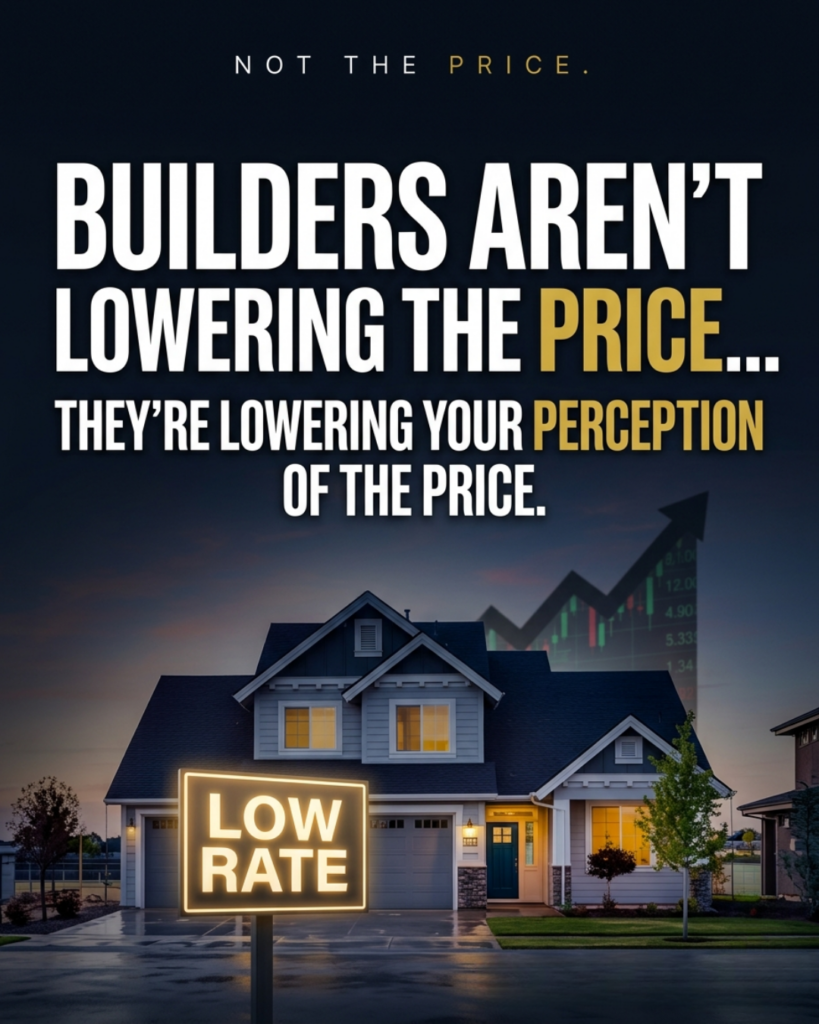 Builder Mortgage Incentives Raleigh NC example showing new construction home with low rate sign and rising price chart illustrating how builder incentives can hide higher home prices in the Raleigh Triangle housing market