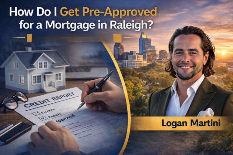 How Do I Get Pre-Approved for a Mortgage in Raleigh visual showing mortgage pre-approval process with credit report, home model, and Logan Martini Raleigh mortgage lender skyline North Carolina