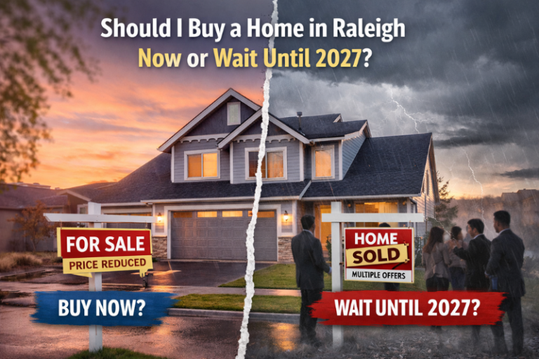 Should I Buy a Home in Raleigh Now or Wait Until 2027 visual showing Raleigh housing market decision with price reduction vs multiple offers in Raleigh North Carolina