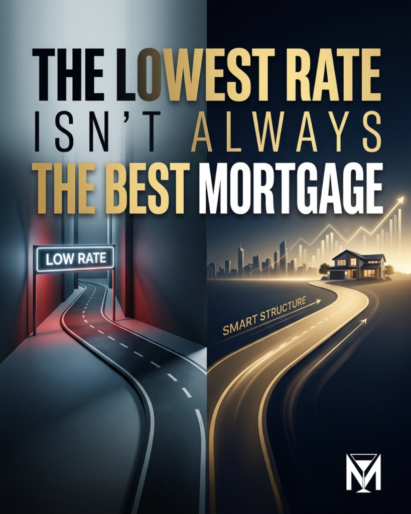 Mortgage broker vs bank first time buyer Raleigh NC — low rate vs smart structure comparison graphic from Martini Mortgage Group.