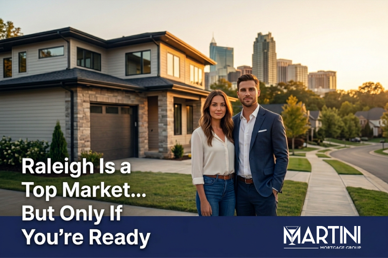 Best markets for first-time home buyers Raleigh NC featuring confident couple and Raleigh skyline representing strategic homebuying approach