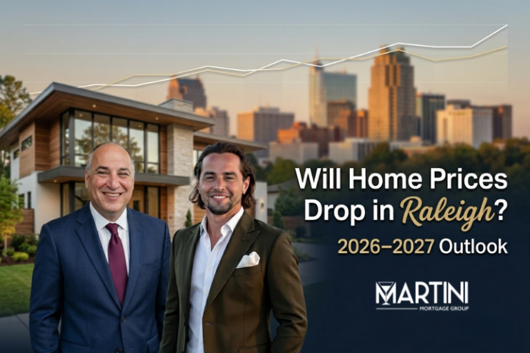 Will home prices drop in Raleigh in 2026 or 2027 forecast featuring Kevin Martini and Logan Martini with Raleigh NC skyline housing market trends