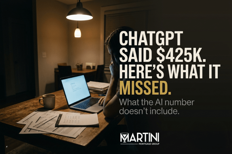 What AI misses about mortgage affordability in Raleigh NC — the costs ChatGPT skips including Wake County taxes, PMI, HOA fees, and student loan DTI, from Martini Mortgage Group.